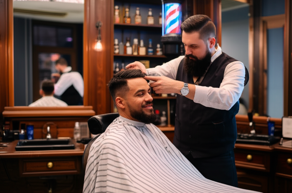Barber working with a customer in a barbershop