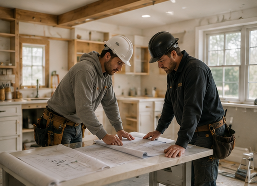 General contractors reviewing plans during a residential renovation