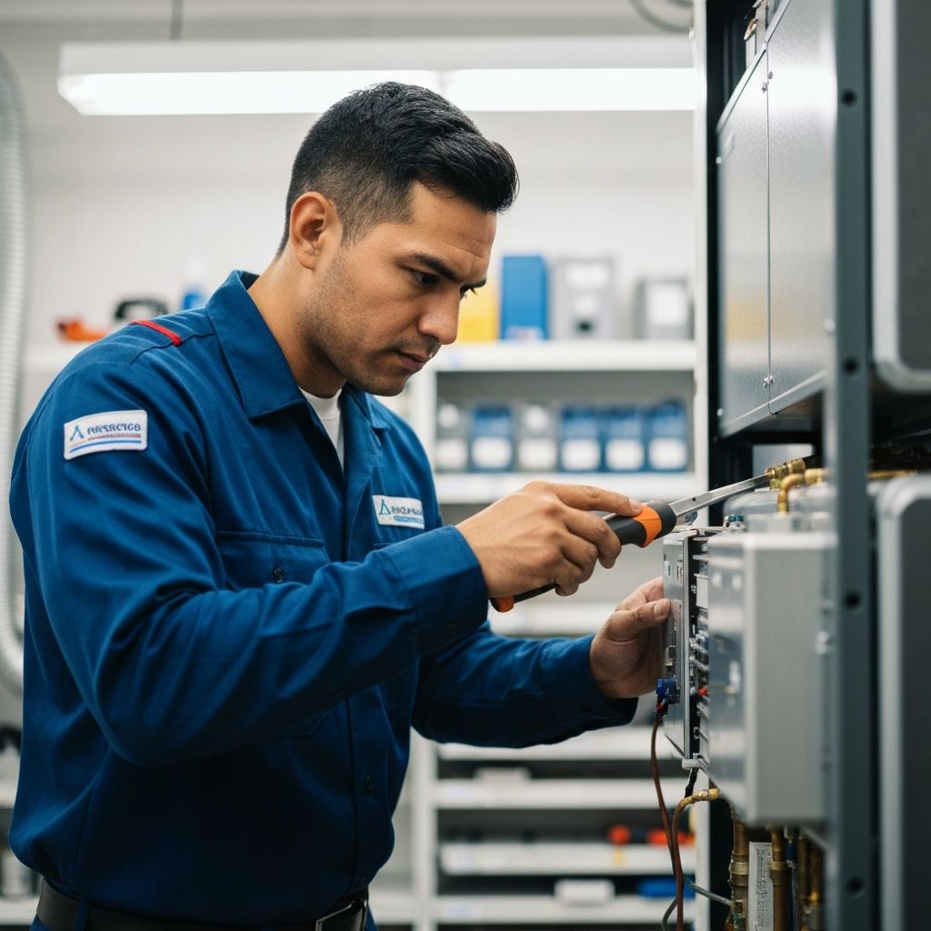 HVAC technician inspecting a heating and cooling system