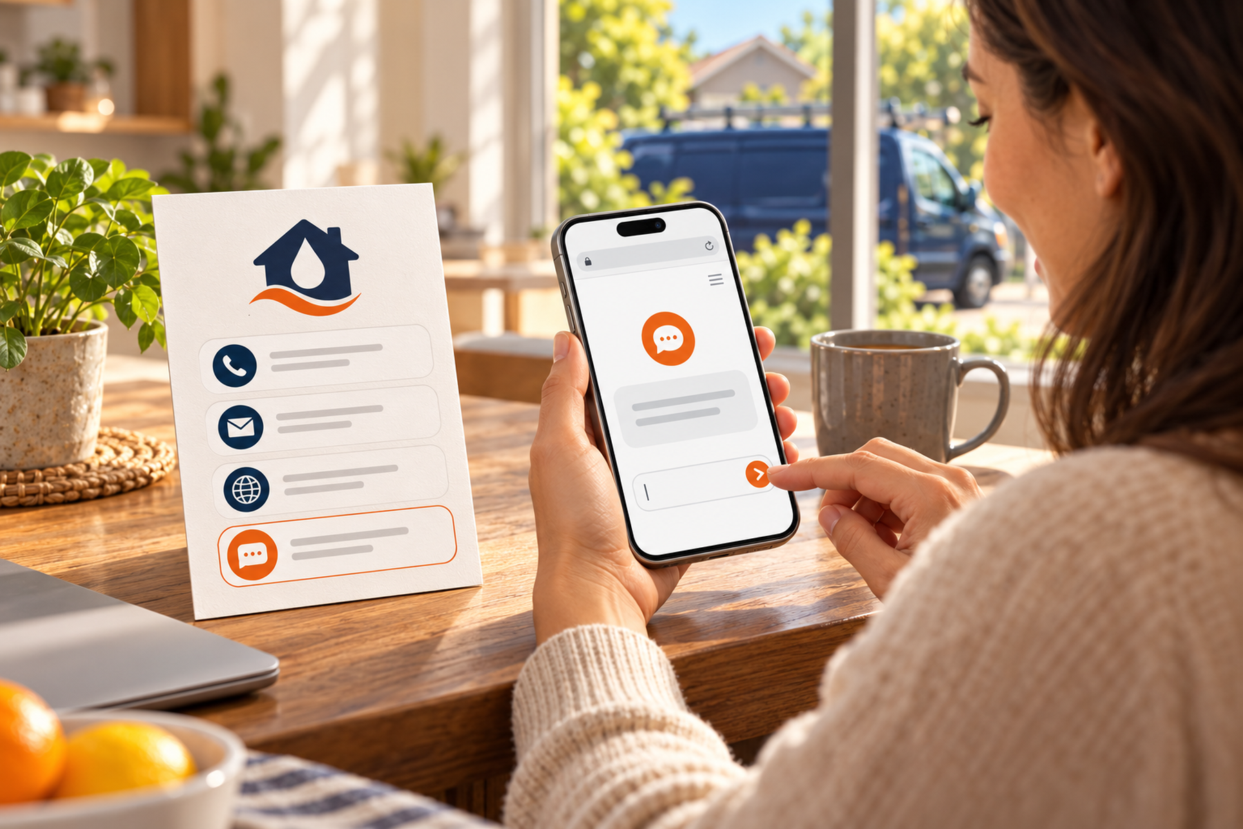 A customer asks a question on her phone beside a card listing four ways to reach a business: phone, email, web and AI.