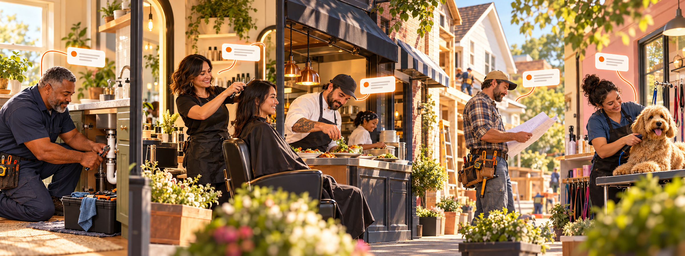 Small-business owners along a Main Street, including Bob the plumber, a stylist and a cook, each busy with their own work while customer questions are answered nearby.