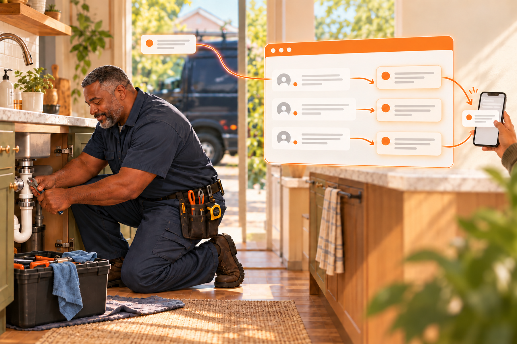 Bob keeps working at the sink while his AI Front Desk, shown as a browser window, answers incoming customer questions.