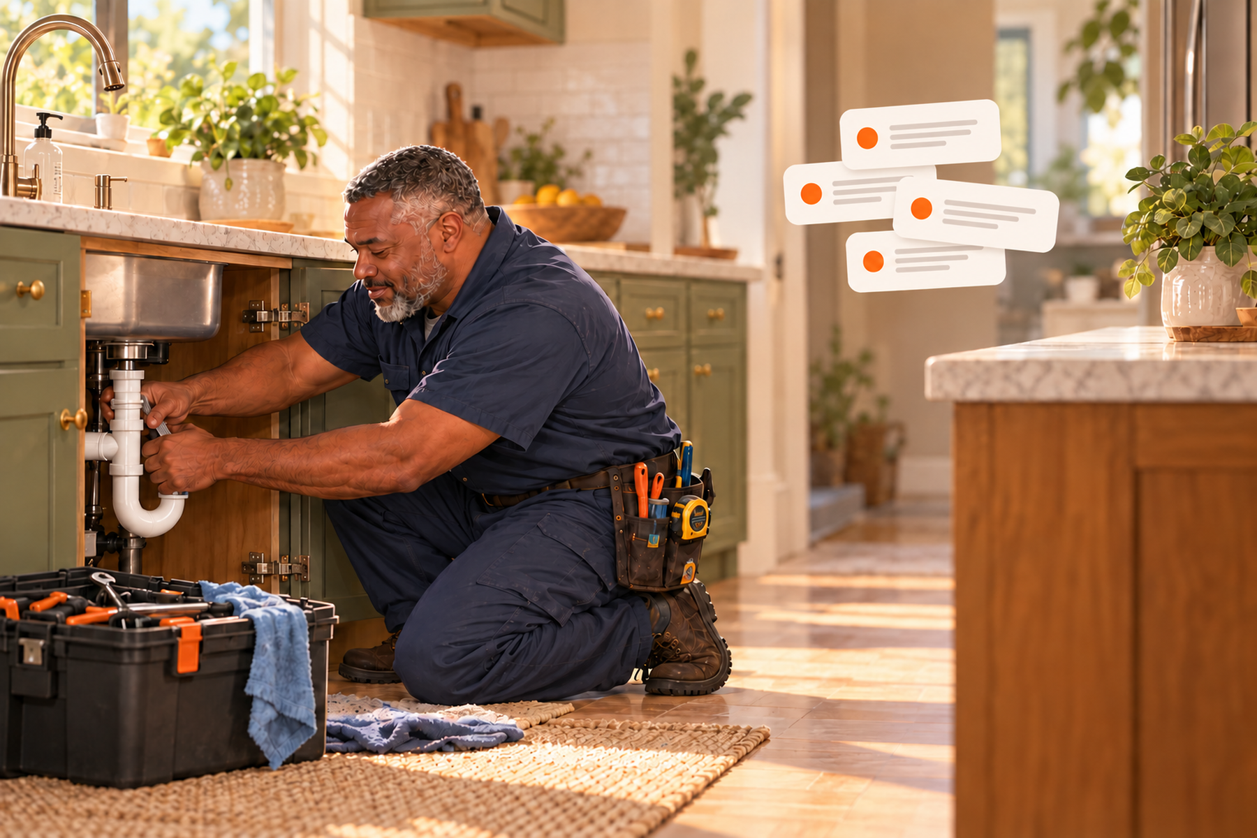 Bob works under a sink with both hands busy while unanswered customer questions pile up behind him.