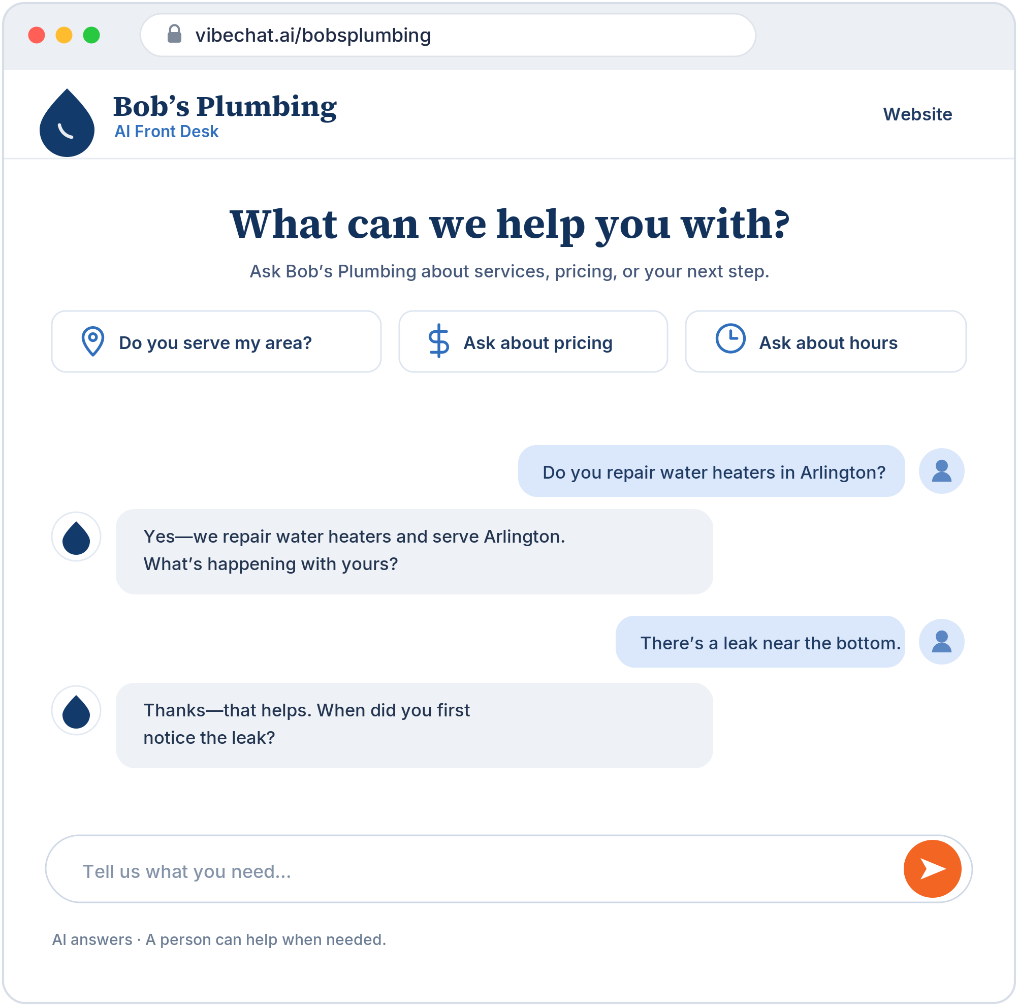 Bob’s Plumbing’s AI Front Desk at vibechat.ai/bobsplumbing, where a customer asks about a water heater and the AI answers.