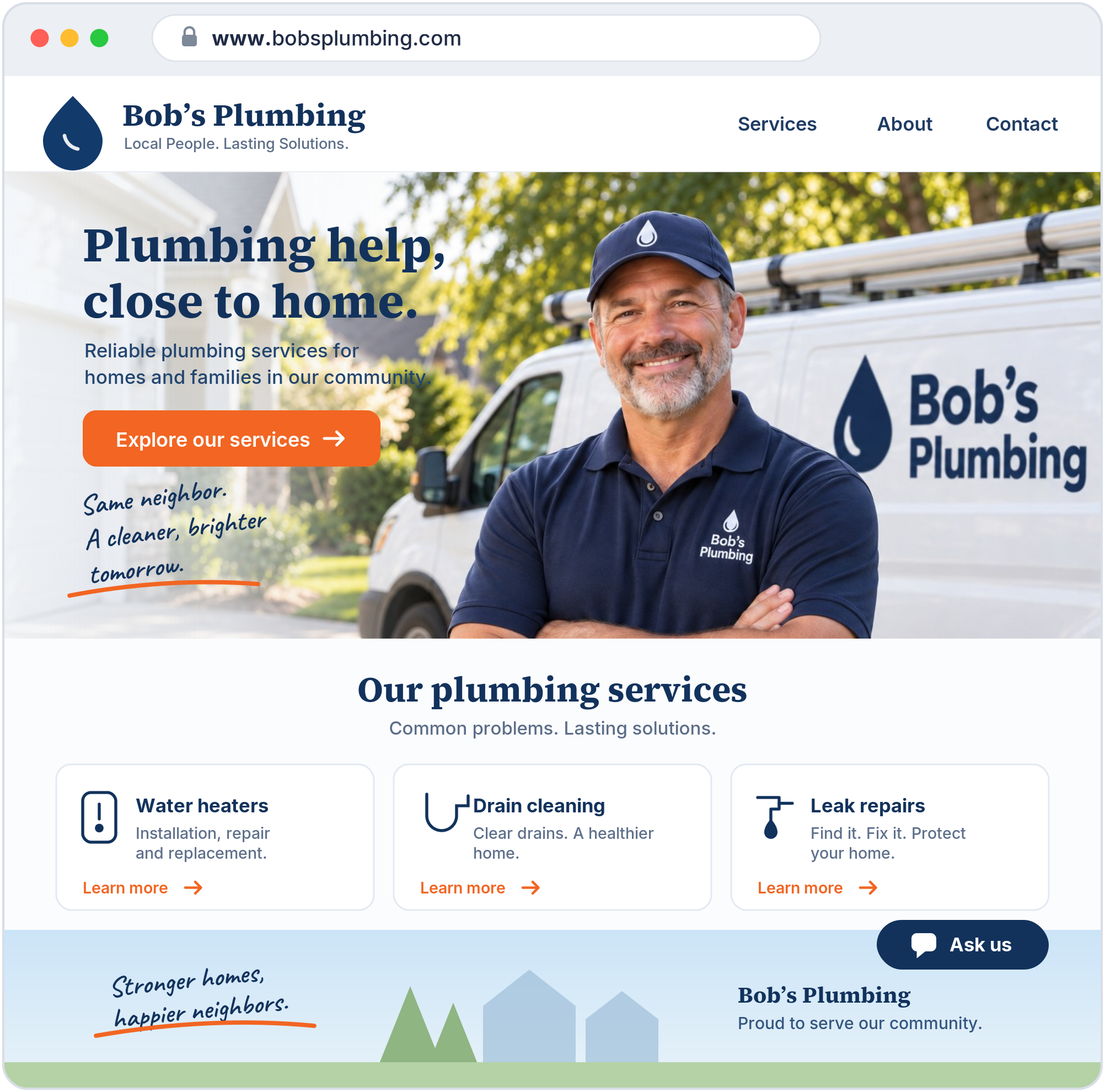 Bob's Plumbing's website at www.bobsplumbing.com, where a customer browses service pages and a small chat widget sits in the corner.