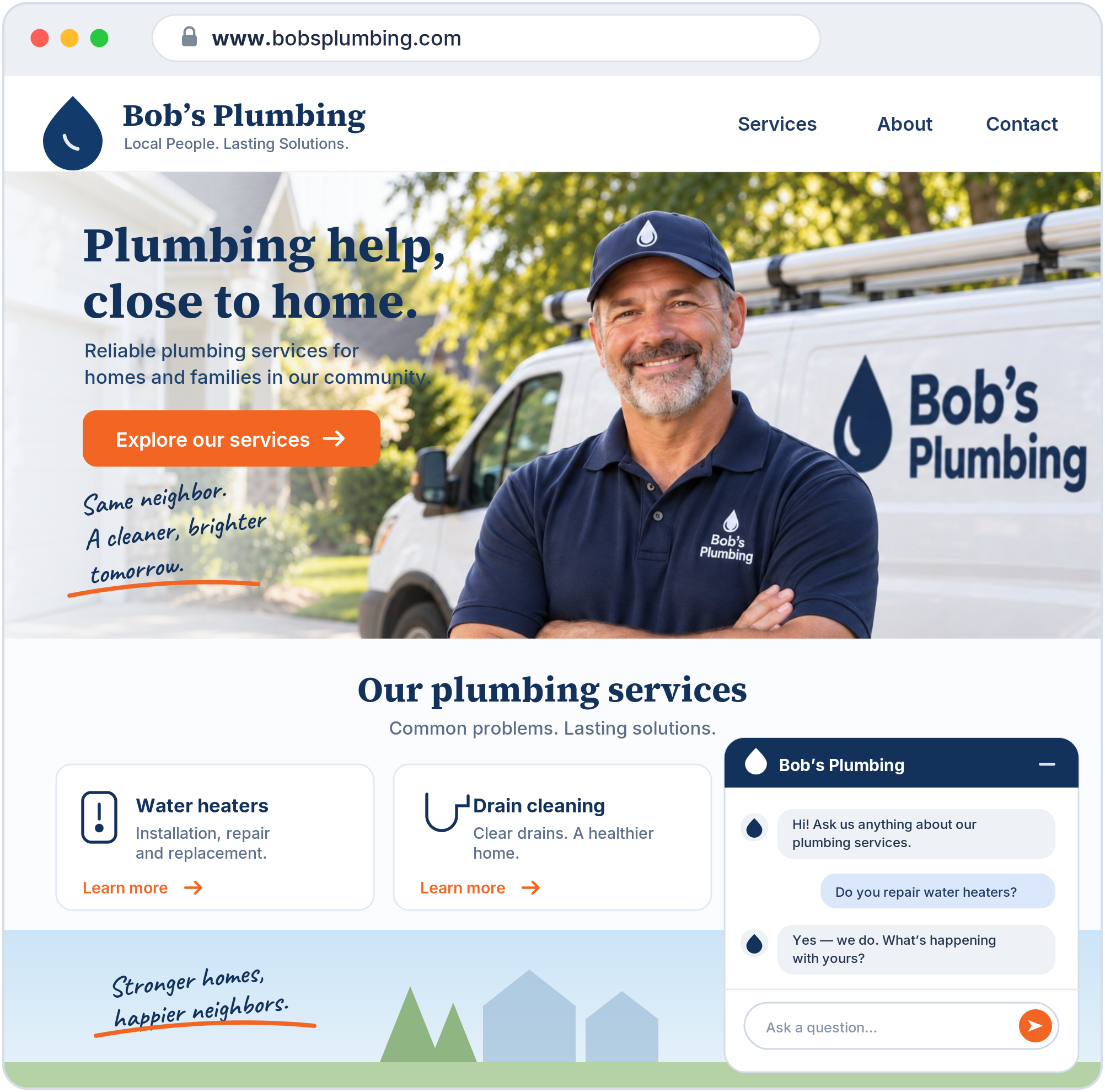 Bob’s Plumbing’s website at www.bobsplumbing.com with the chat widget open, where a customer asks whether they repair water heaters.