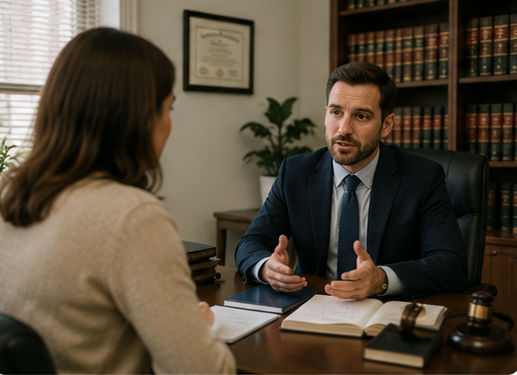 Attorney meeting with a client in a law office