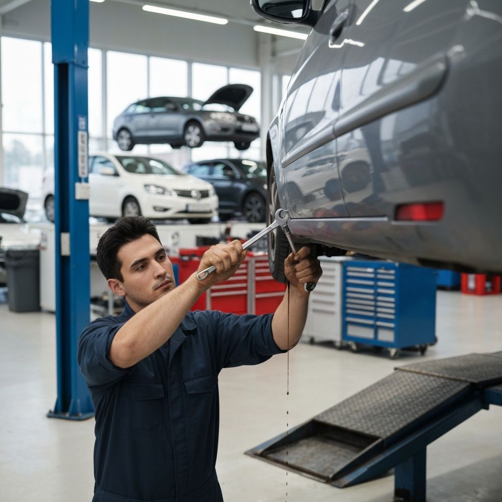 Auto repair technician servicing a vehicle in a shop