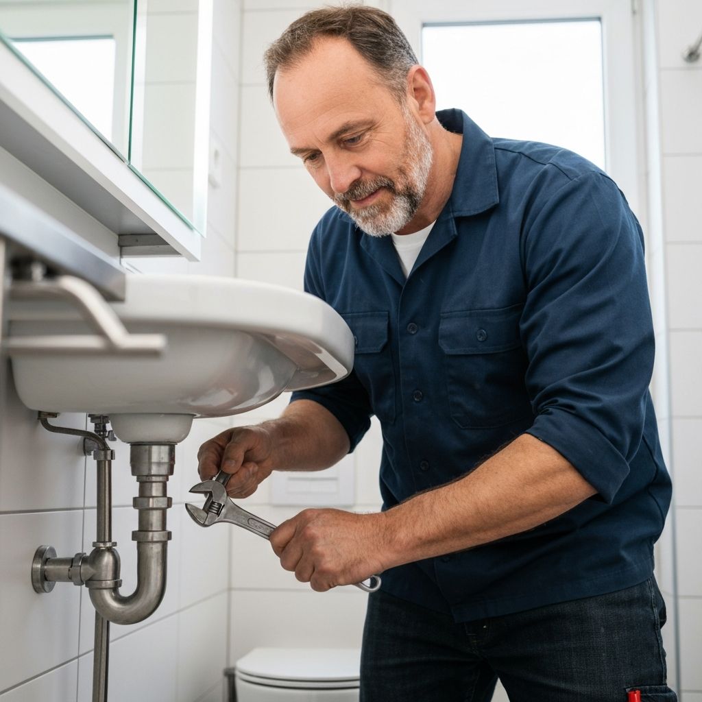Plumber repairing pipes beneath a sink while customer questions arrive
