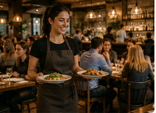 Restaurant server carrying dishes during a busy service